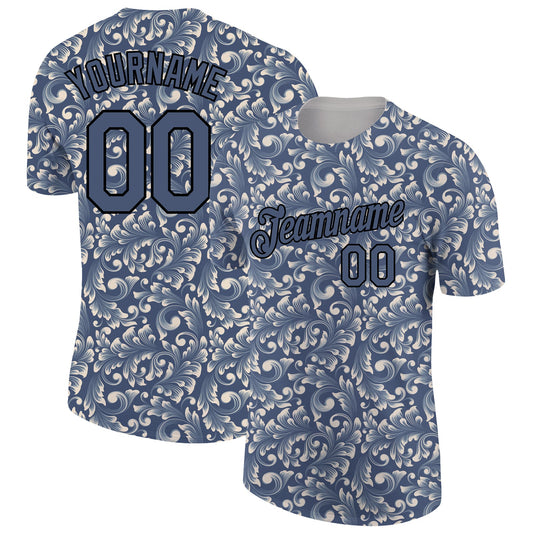 Custom Blue Black 3D Pattern Floral Design Performance T-Shirt - Main View