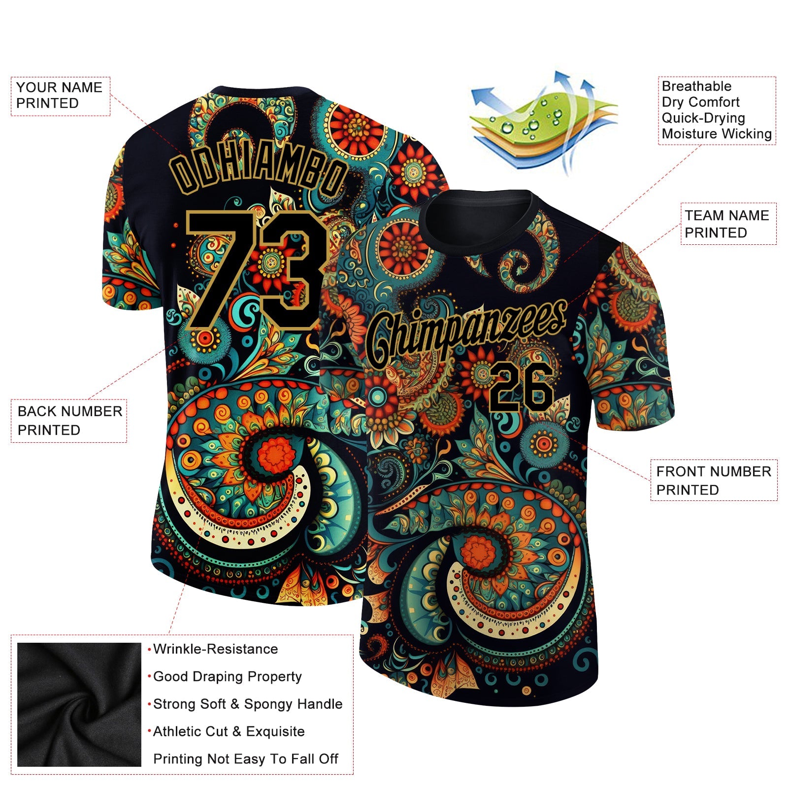 Custom Black Old Gold 3D Pattern Floral Design Performance T-Shirt view 2