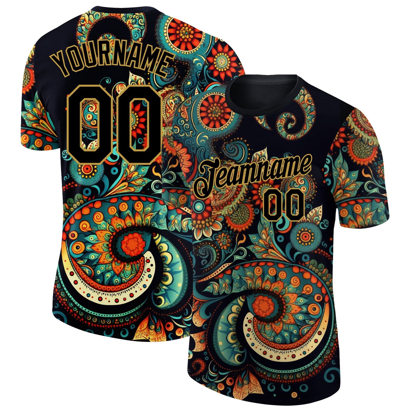 Custom Black Old Gold 3D Pattern Floral Design Performance T-Shirt - Main View