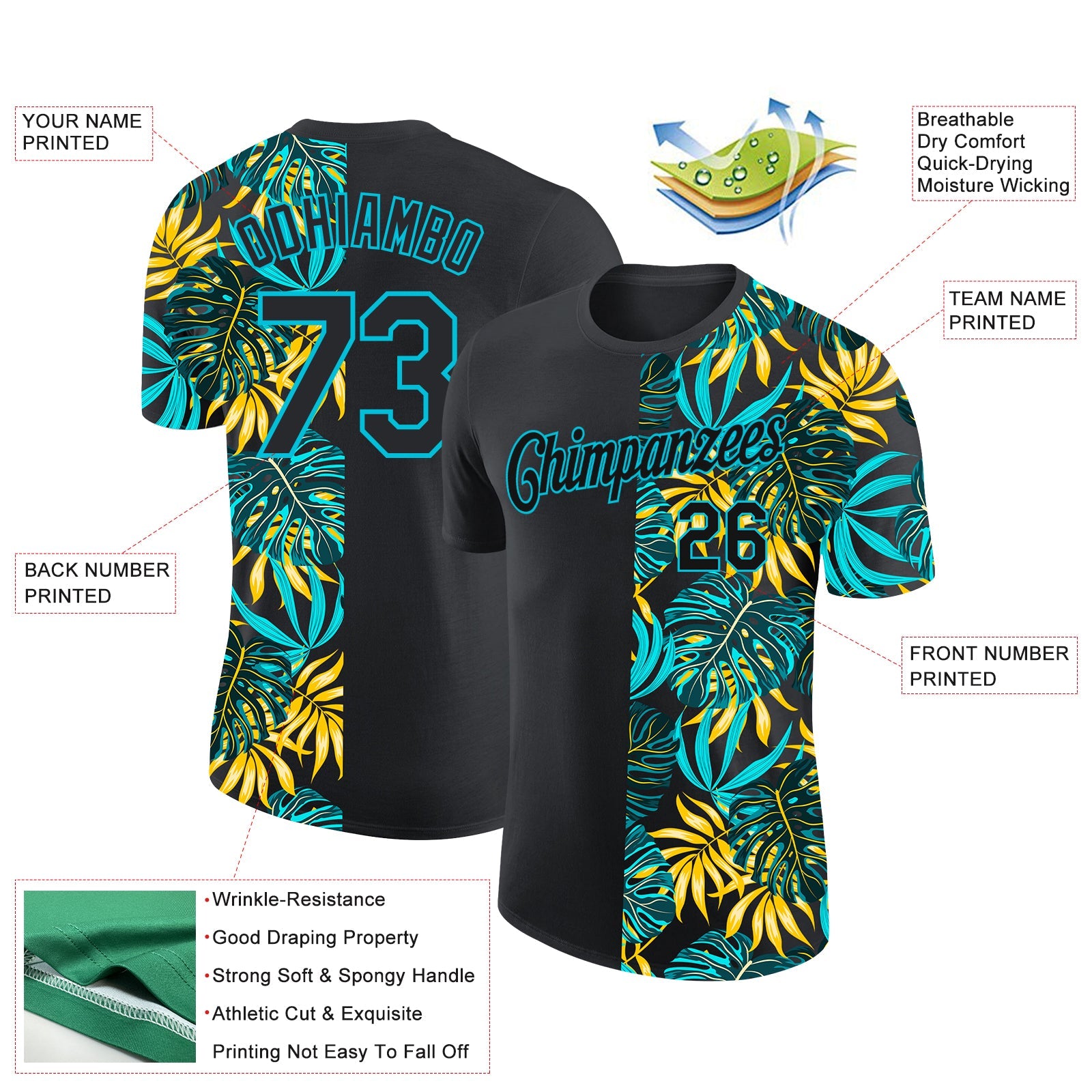 Custom Black Lakes Blue 3D Pattern Design Hawaii Tropical Palm Leaves Performance T-Shirt view 2