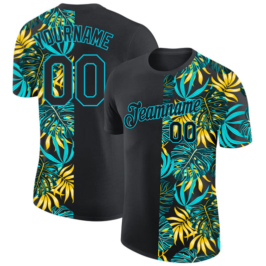 Custom Black Lakes Blue 3D Pattern Design Hawaii Tropical Palm Leaves Performance T-Shirt - Main View