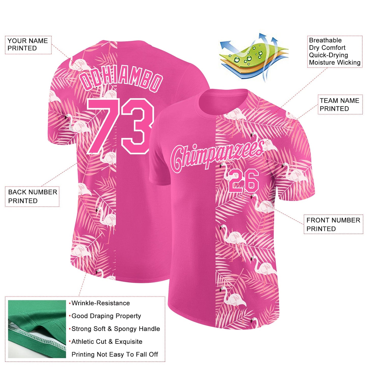 Custom Pink White 3D Pattern Design Tropical Palm Leaves And Famingo Performance T-Shirt view 2