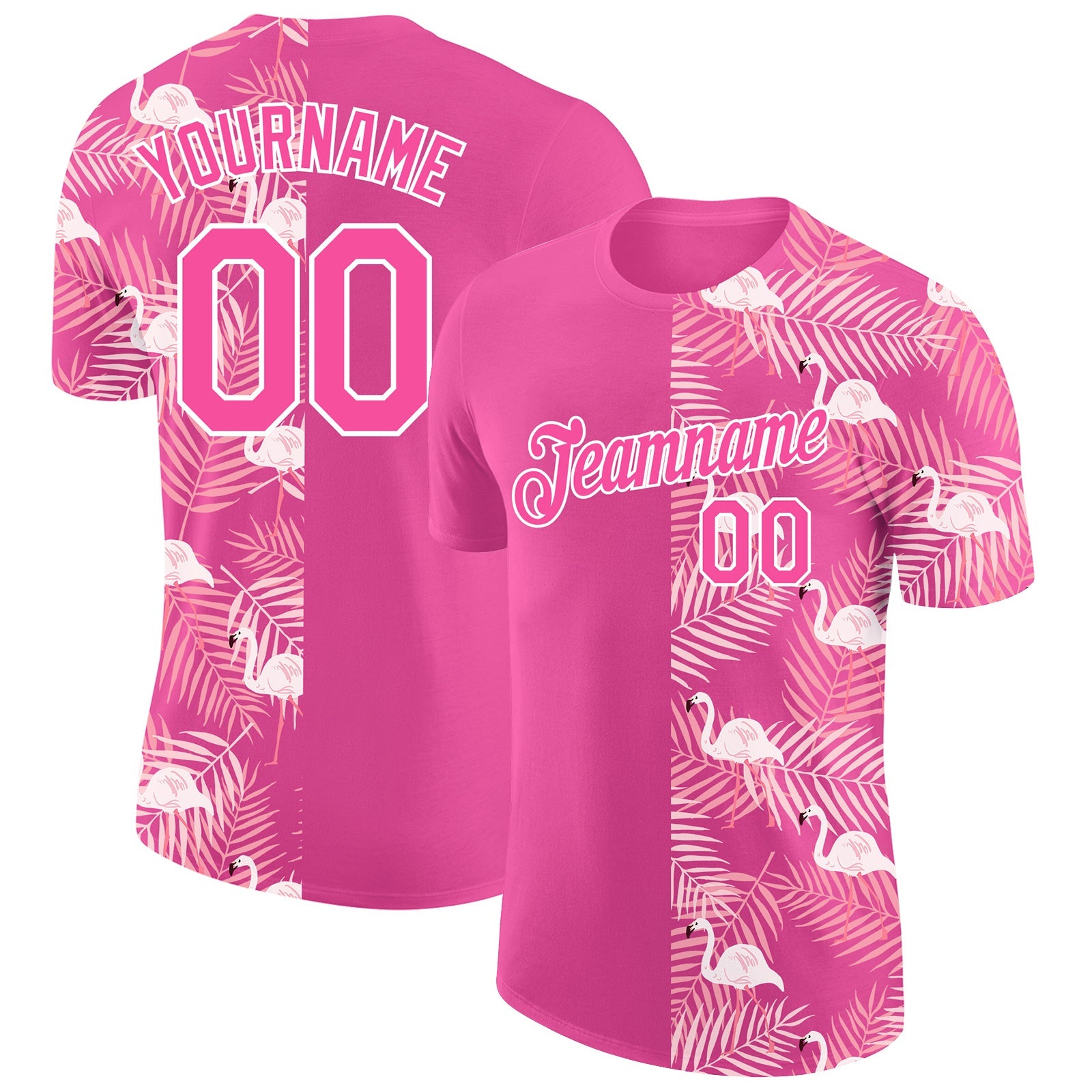 Custom Pink White 3D Pattern Design Tropical Palm Leaves And Famingo Performance T-Shirt - Main View