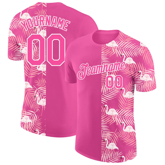 Custom Pink White 3D Pattern Design Tropical Palm Leaves And Famingo Performance T-Shirt - Main View