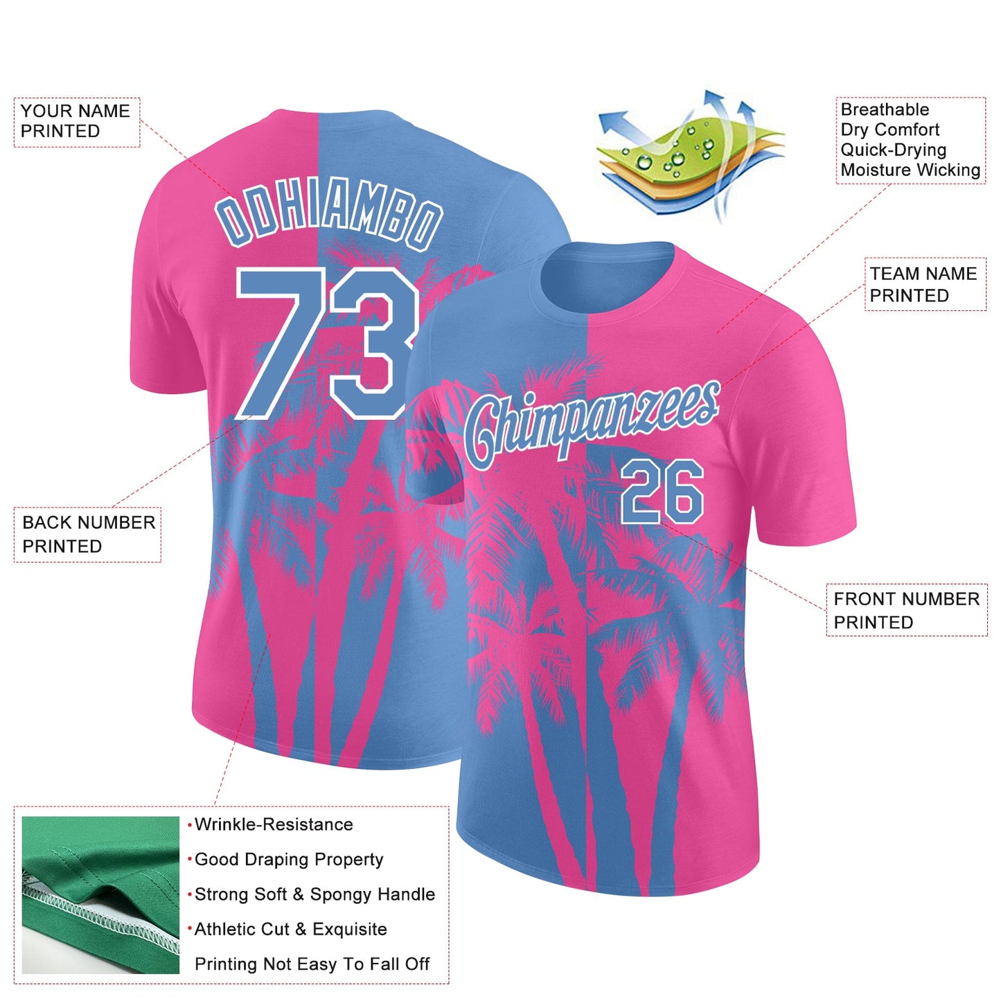 Custom Pink Light Blue-White 3D Pattern Design Hawaii Coconut Trees Performance T-Shirt view 2