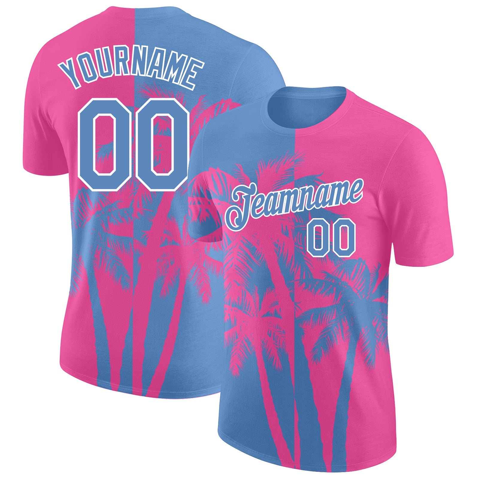 Custom Pink Light Blue-White 3D Pattern Design Hawaii Coconut Trees Performance T-Shirt - Main View