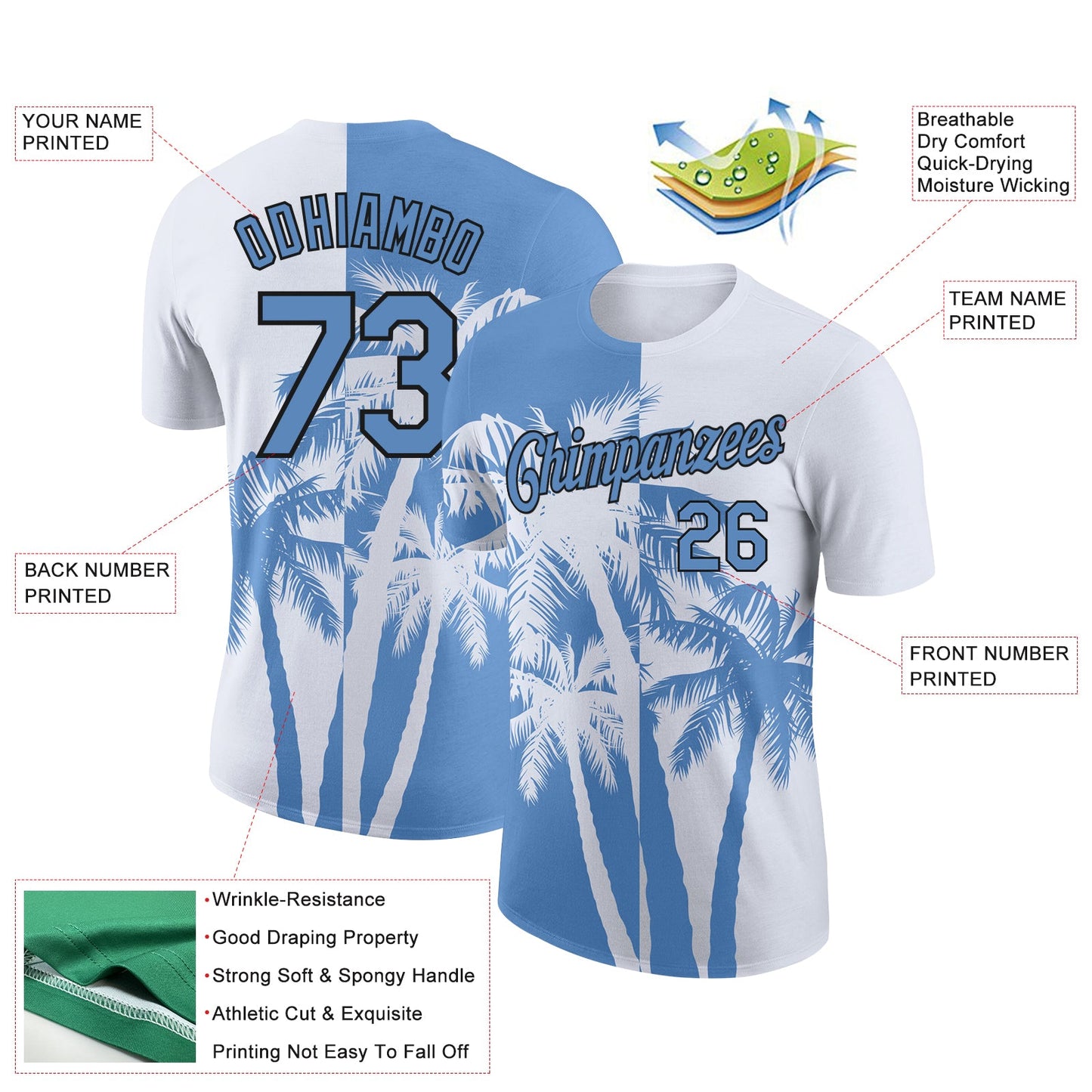 Custom White Light Blue-Black 3D Pattern Design Hawaii Coconut Trees Performance T-Shirt view 2