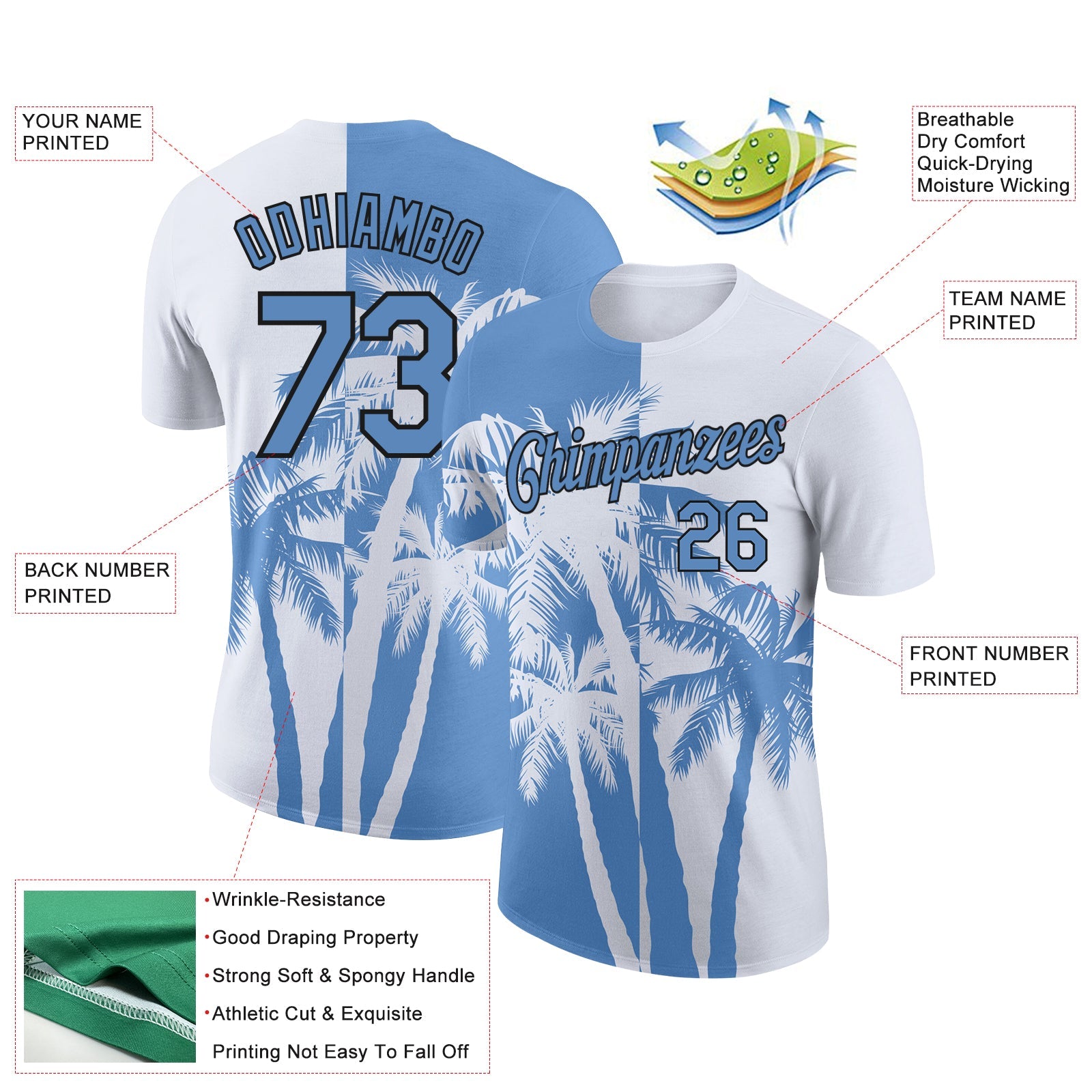 Custom White Light Blue-Black 3D Pattern Design Hawaii Coconut Trees Performance T-Shirt view 2