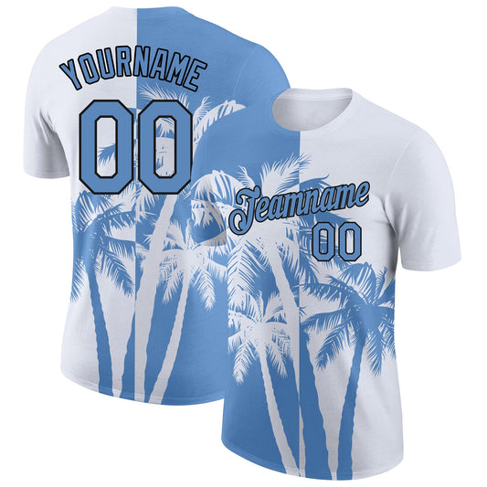 Custom White Light Blue-Black 3D Pattern Design Hawaii Coconut Trees Performance T-Shirt - Main View