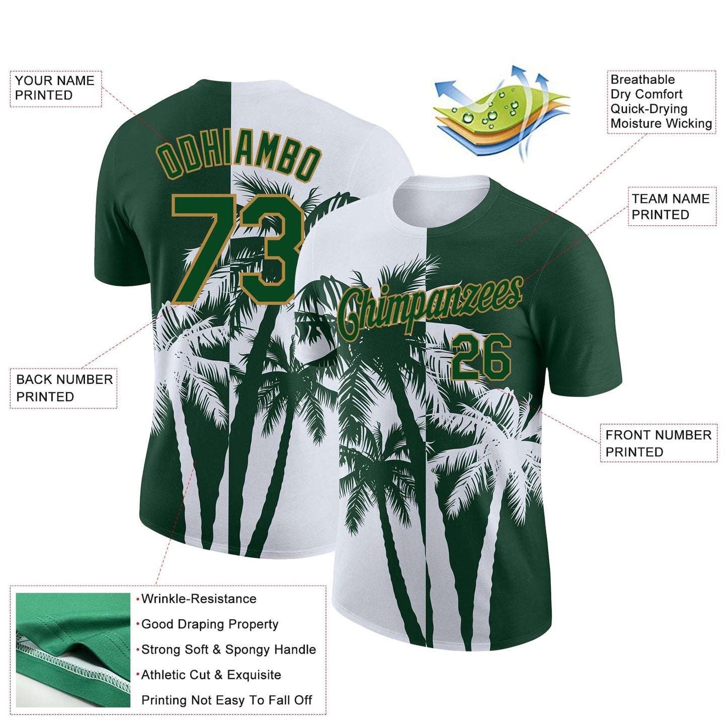 Custom Green Old Gold-White 3D Pattern Design Hawaii Coconut Trees Performance T-Shirt view 2