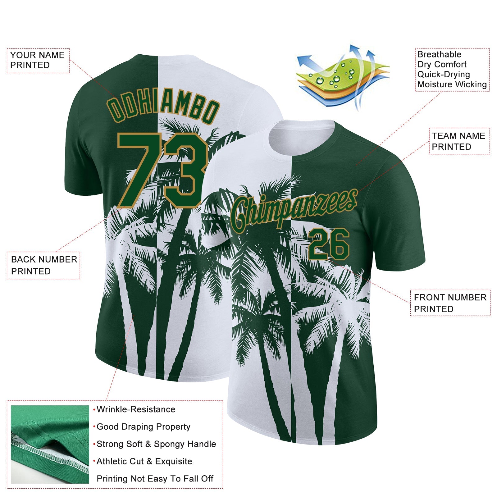 Custom Green Old Gold-White 3D Pattern Design Hawaii Coconut Trees Performance T-Shirt view 2