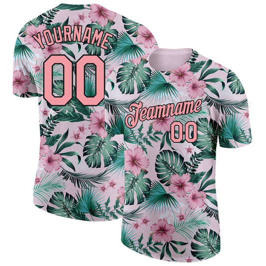 Custom Pink Medium Pink-Black 3D Pattern Design Hawaii Palm Leaves And Flowers Performance T-Shirt - Main View
