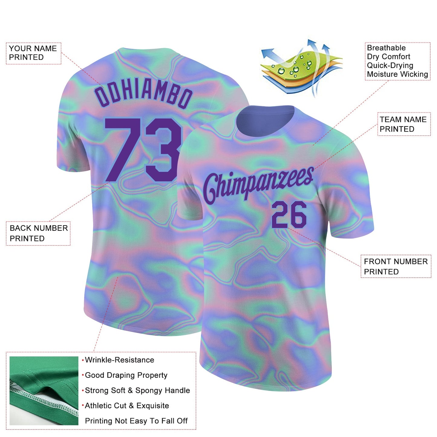 Custom Light Blue Purple 3D Pattern Design Abstract Trendy Holographic Vaporwave Style Performance T-Shirt view 2