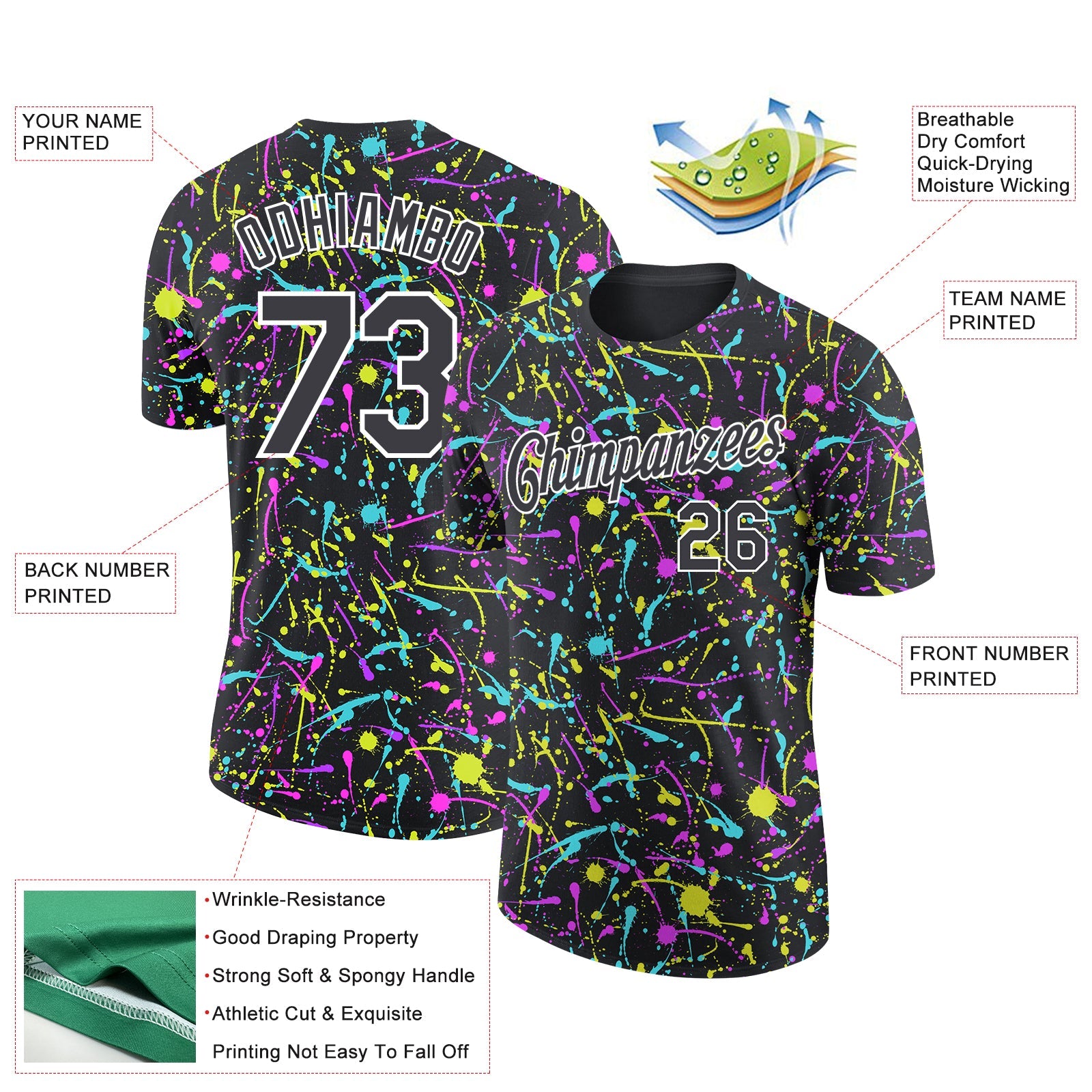 Custom Graffiti Pattern Black-White 3D Neon Splatter Performance T-Shirt view 2