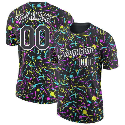 Custom Graffiti Pattern Black-White 3D Neon Splatter Performance T-Shirt - Main View
