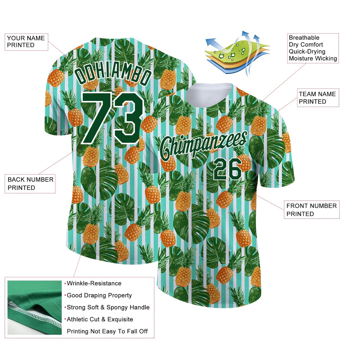Custom White Green 3D Pattern Design Hawaii Tropical Palm Leaves And Pineapple Performance T-Shirt view 2