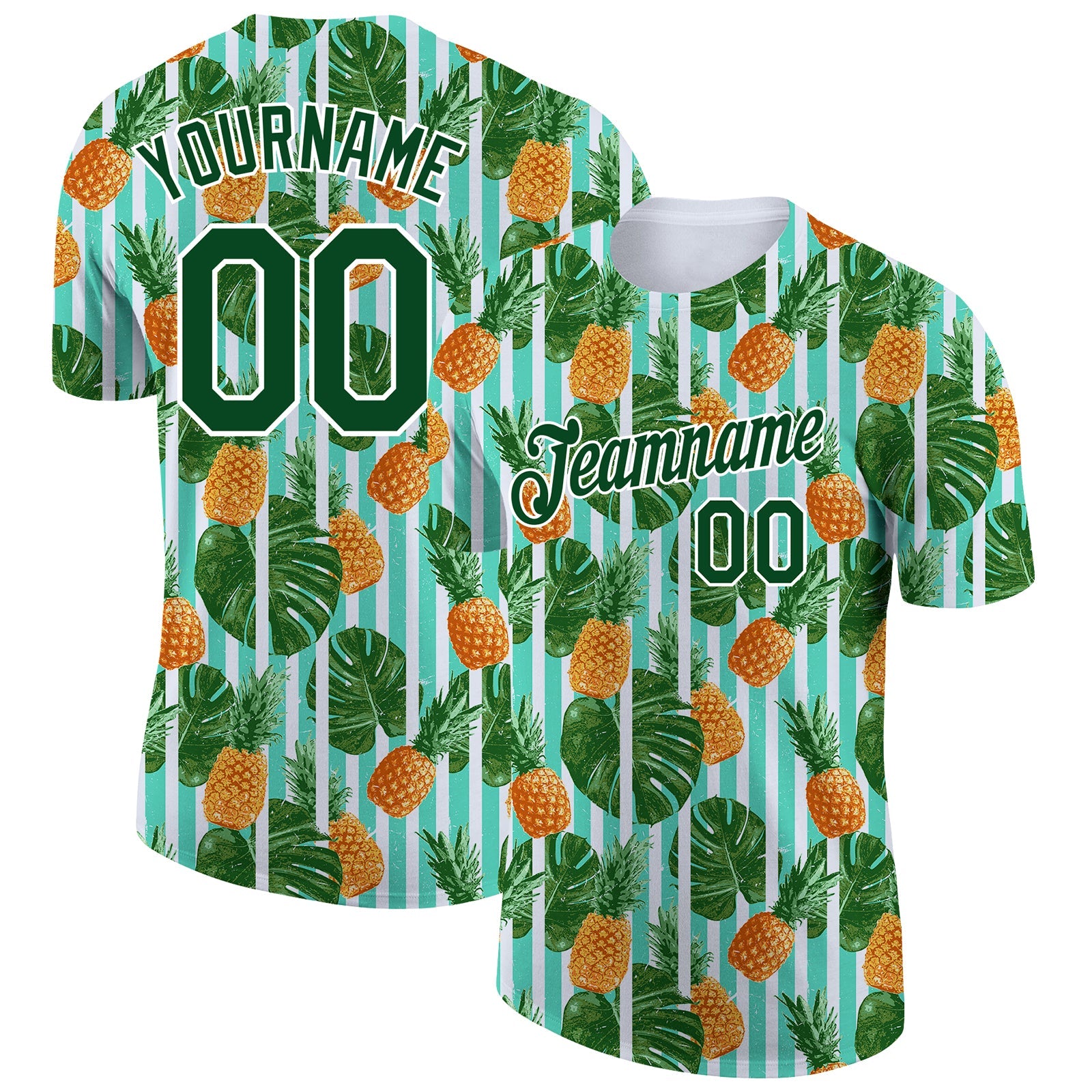 Custom White Green 3D Pattern Design Hawaii Tropical Palm Leaves And Pineapple Performance T-Shirt - Main View