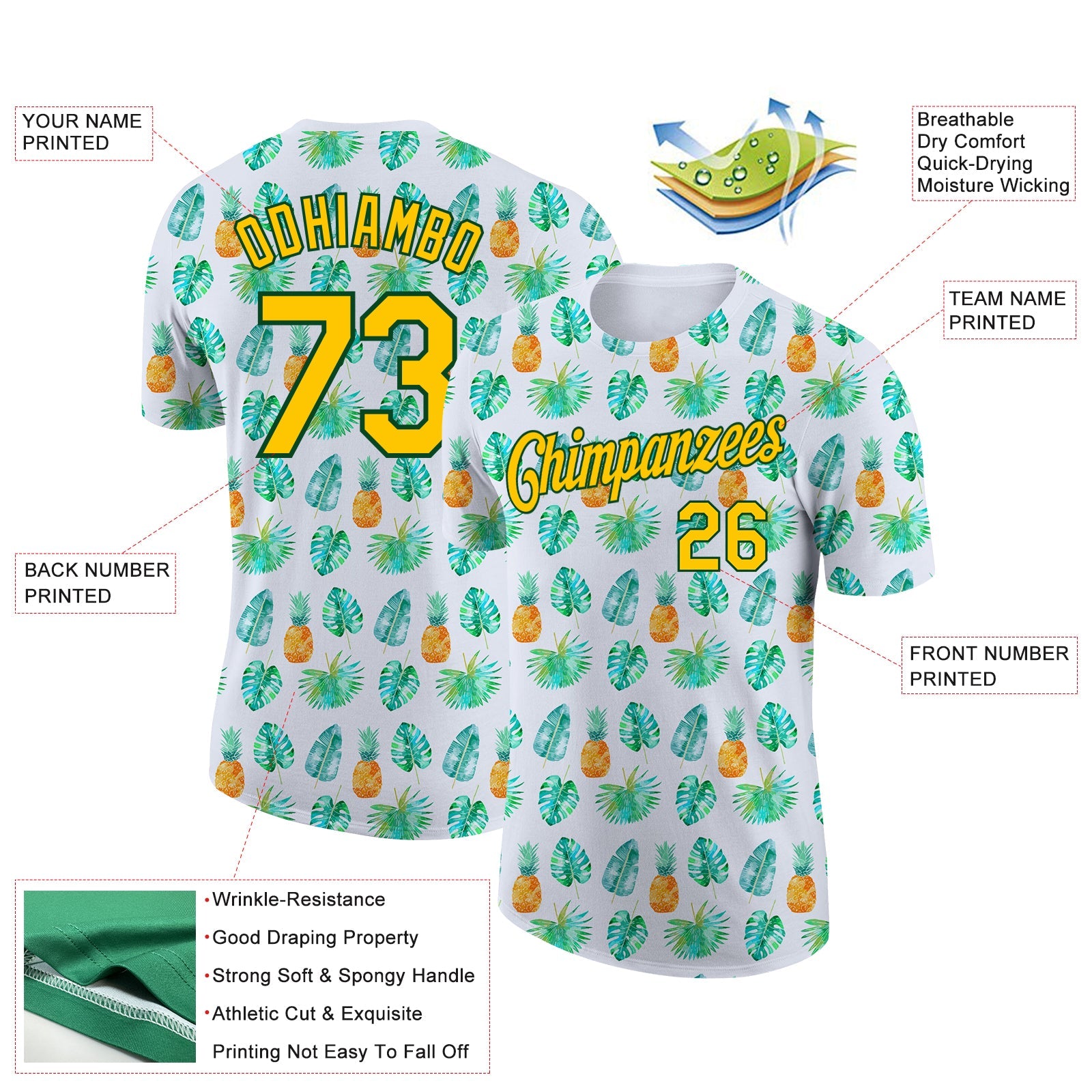 Custom White Yellow-Kelly Green 3D Pattern Design Hawaii Tropical Palm Leaves And Pineapple Performance T-Shirt view 2