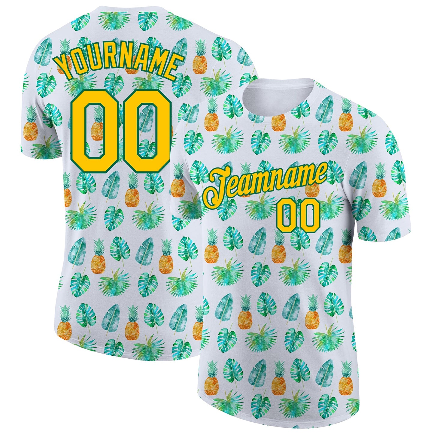 Custom White Yellow-Kelly Green 3D Pattern Design Hawaii Tropical Palm Leaves And Pineapple Performance T-Shirt - Main View