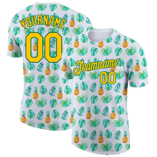 Custom White Yellow-Kelly Green 3D Pattern Design Hawaii Tropical Palm Leaves And Pineapple Performance T-Shirt - Main View