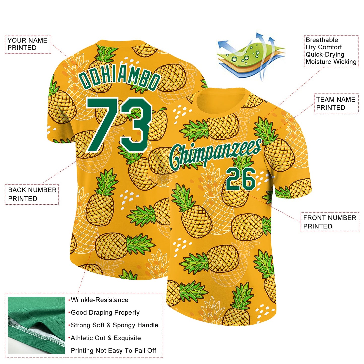 Custom Gold Kelly Green-White 3D Pattern Design Tropical Pineapple Performance T-Shirt view 2