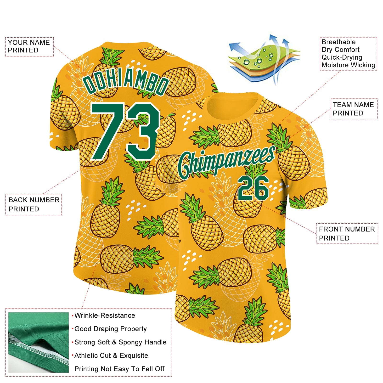 Custom Gold Kelly Green-White 3D Pattern Design Tropical Pineapple Performance T-Shirt view 2