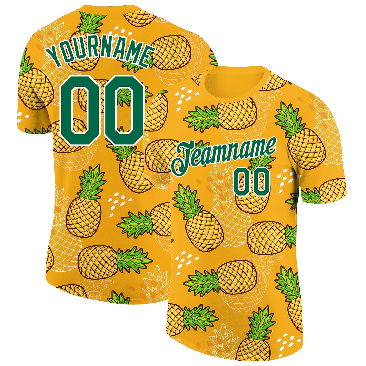 Custom Gold Kelly Green-White 3D Pattern Design Tropical Pineapple Performance T-Shirt - Main View
