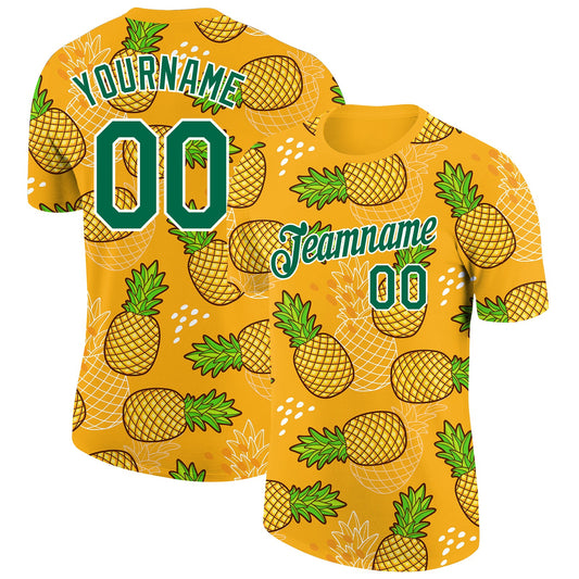 Custom Gold Kelly Green-White 3D Pattern Design Tropical Pineapple Performance T-Shirt - Main View