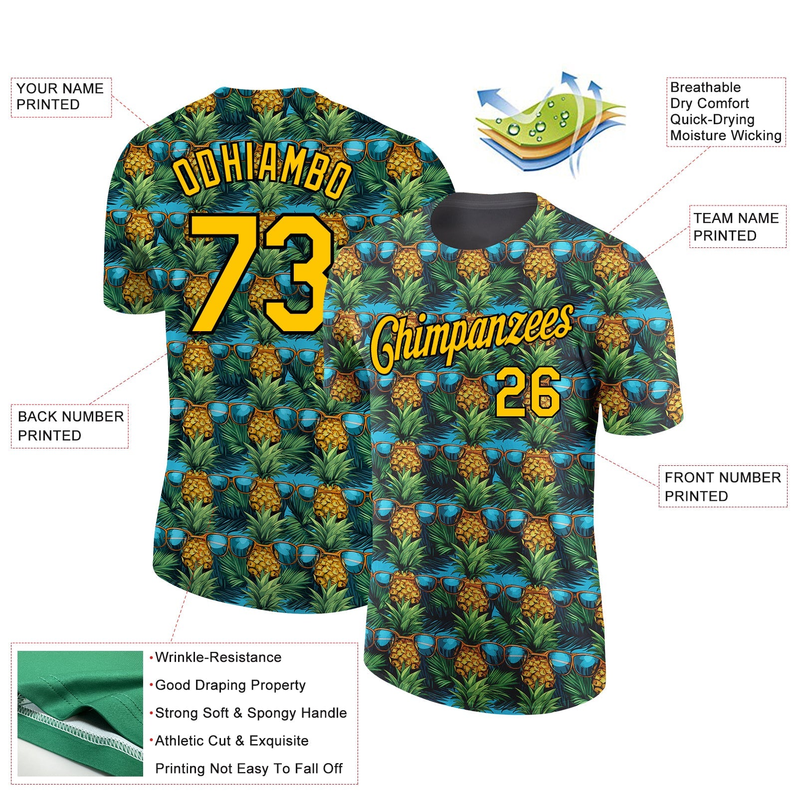 Custom Black Yellow 3D Pattern Design Tropical Pineapple Performance T-Shirt view 2