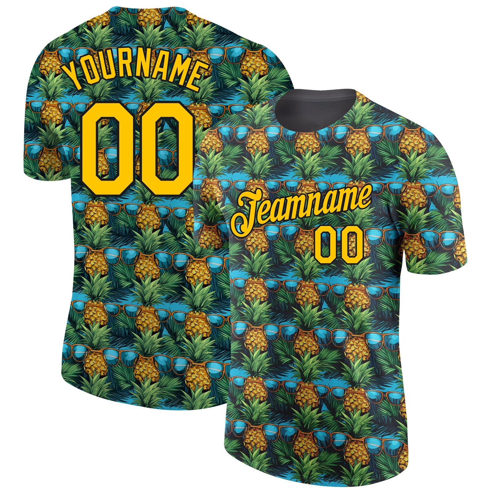 Custom Black Yellow 3D Pattern Design Tropical Pineapple Performance T-Shirt - Main View