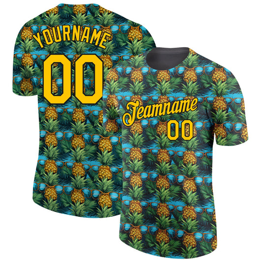 Custom Black Yellow 3D Pattern Design Tropical Pineapple Performance T-Shirt - Main View