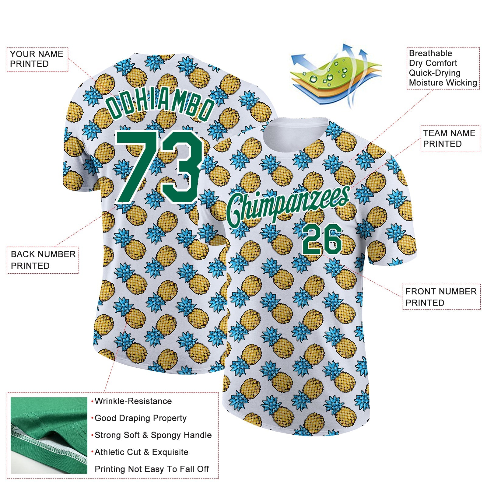 Custom White Kelly Green 3D Pattern Design Tropical Pineapple Performance T-Shirt view 2