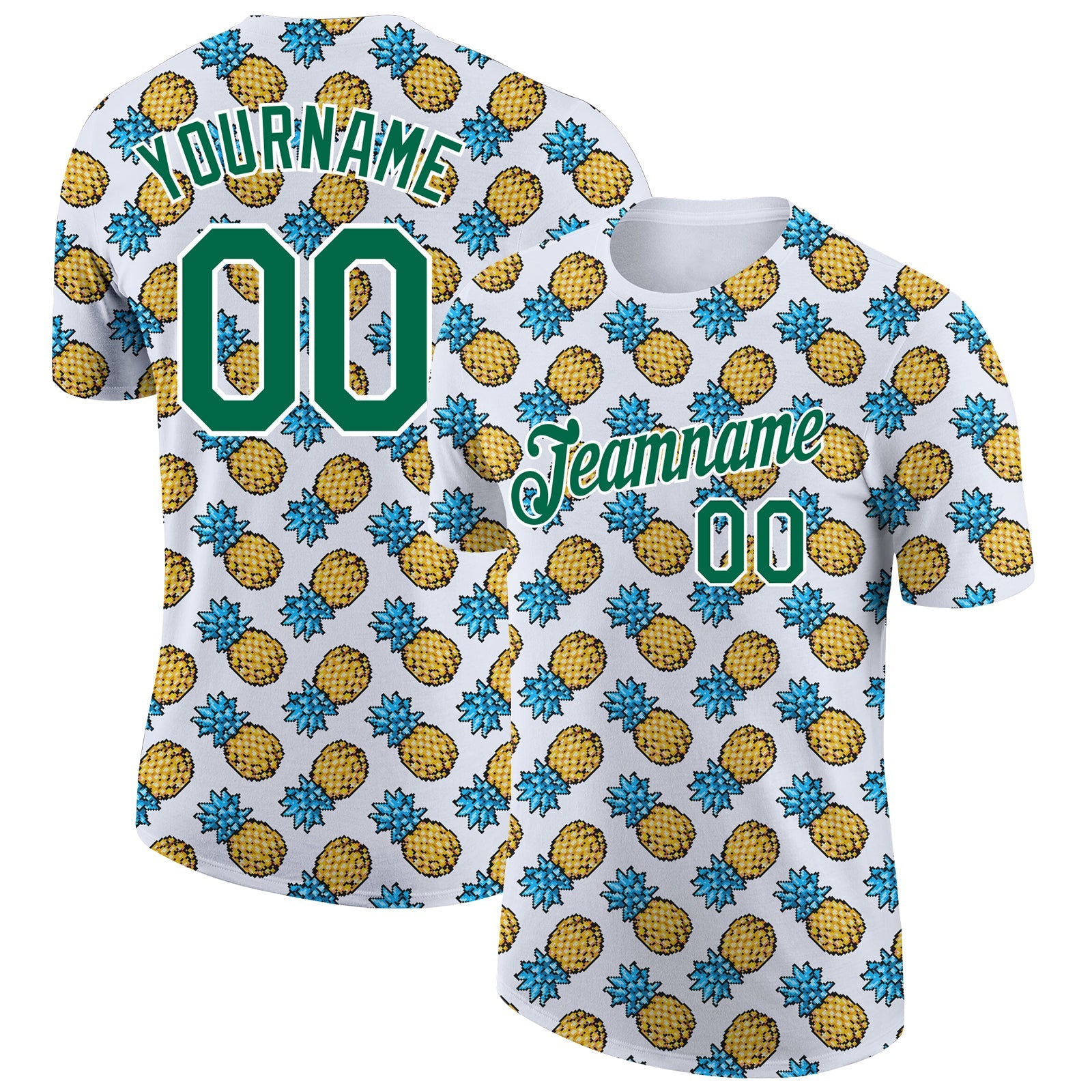 Custom White Kelly Green 3D Pattern Design Tropical Pineapple Performance T-Shirt - Main View