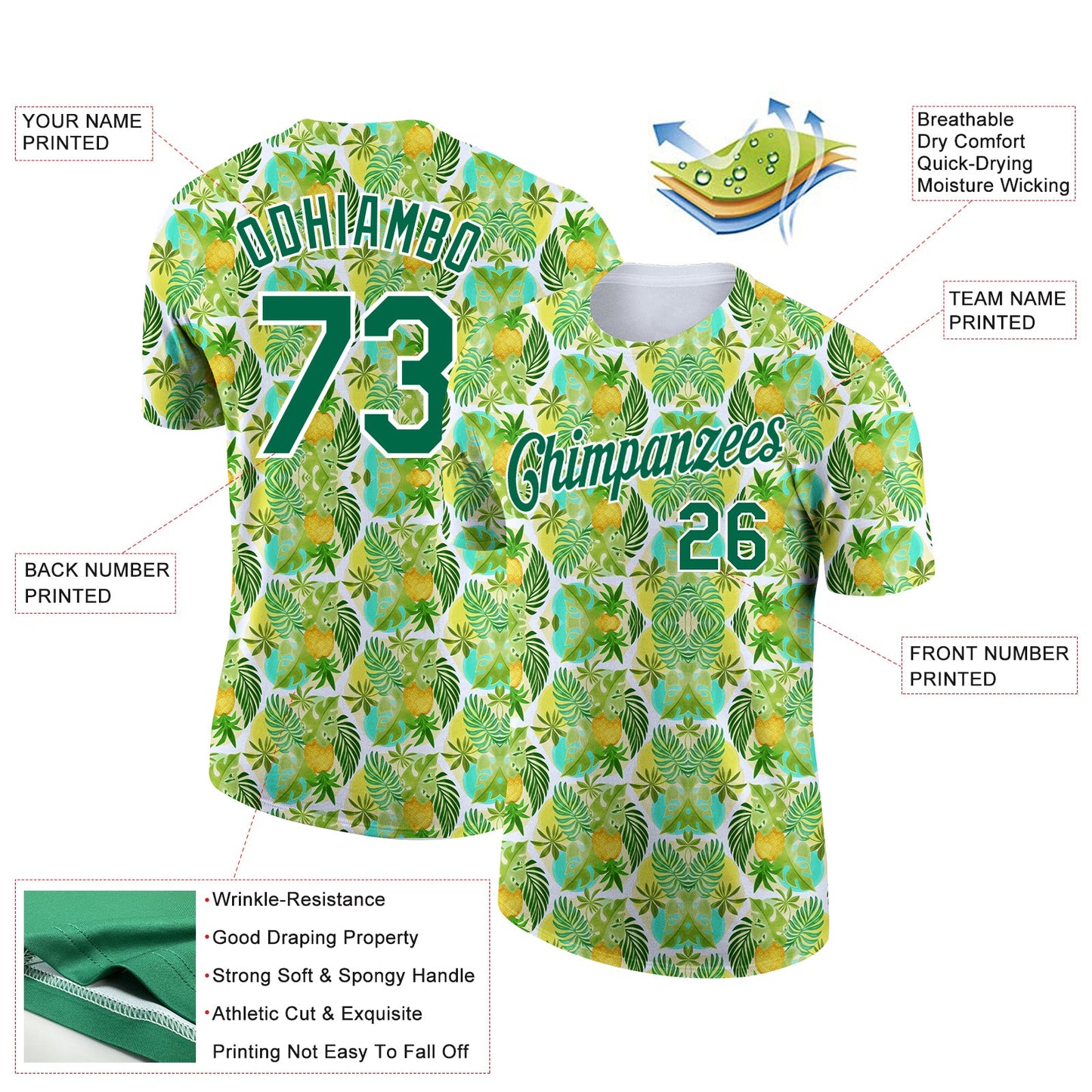 Custom White Kelly Green 3D Pattern Design Hawaii Tropical Palm Leaves And Pineapple Performance T-Shirt view 2