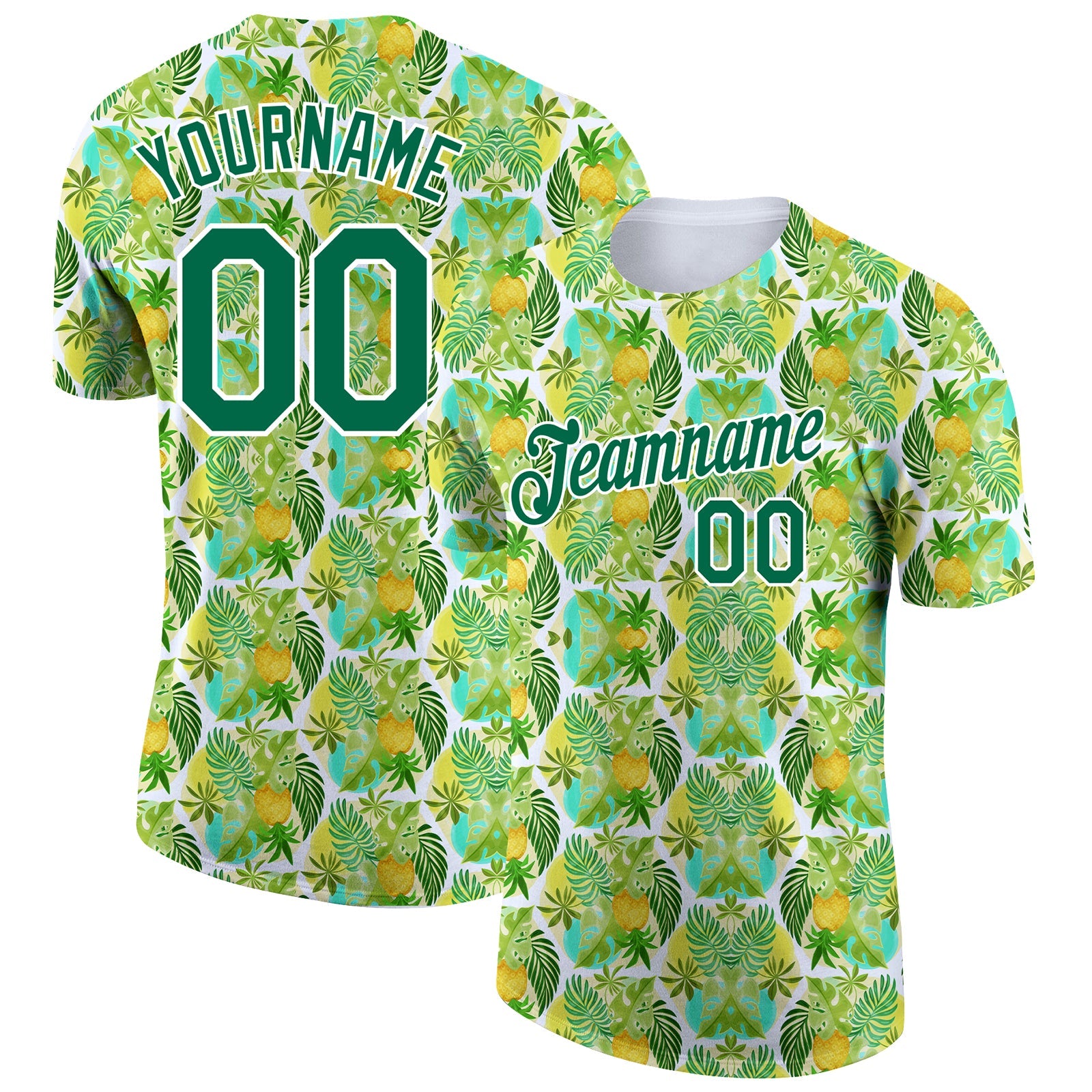 Custom White Kelly Green 3D Pattern Design Hawaii Tropical Palm Leaves And Pineapple Performance T-Shirt - Main View