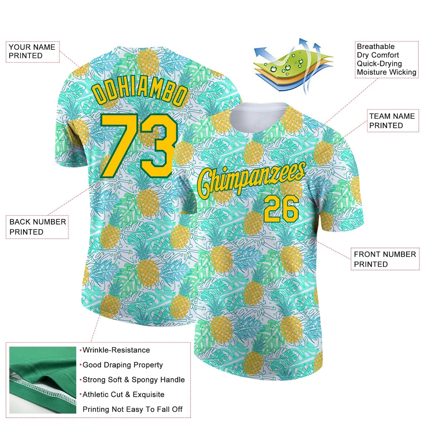 Custom White Yellow-Kelly Green 3D Pattern Design Hawaii Tropical Palm Leaves And Pineapple Performance T-Shirt view 2