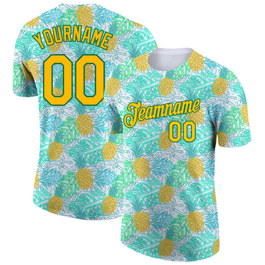 Custom White Yellow-Kelly Green 3D Pattern Design Hawaii Tropical Palm Leaves And Pineapple Performance T-Shirt - Main View