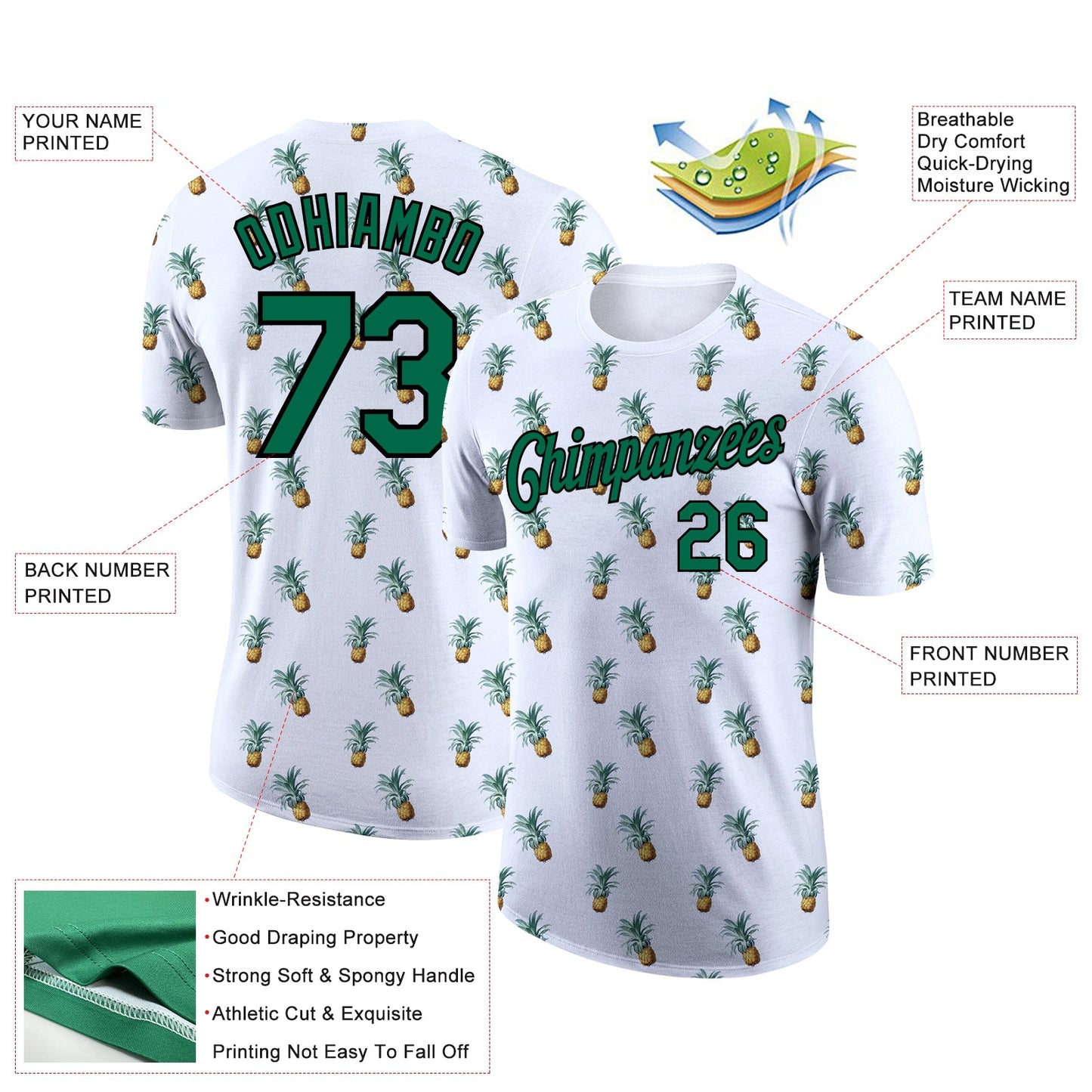 Custom White Kelly Green-Black 3D Pattern Design Hawaii Tropical Pineapple Performance T-Shirt view 2