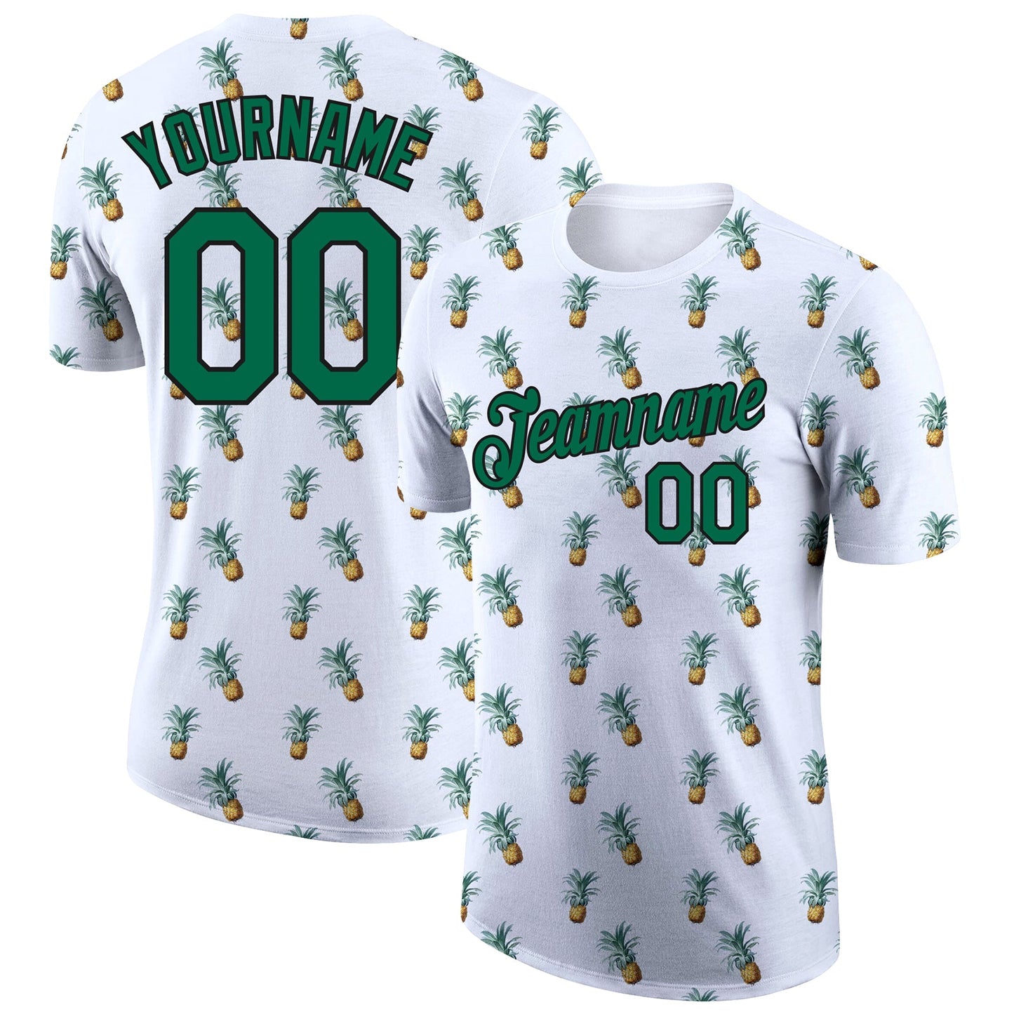 Custom White Kelly Green-Black 3D Pattern Design Hawaii Tropical Pineapple Performance T-Shirt - Main View