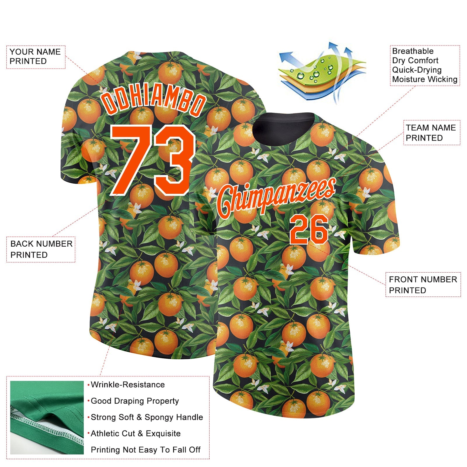 Custom Green Orange-White 3D Pattern Design Orange Citrus Fruit Performance T-Shirt view 2