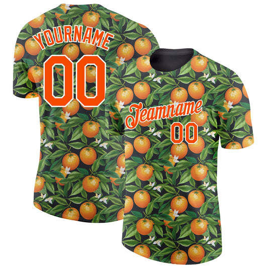 Custom Green Orange-White 3D Pattern Design Orange Citrus Fruit Performance T-Shirt - Main View