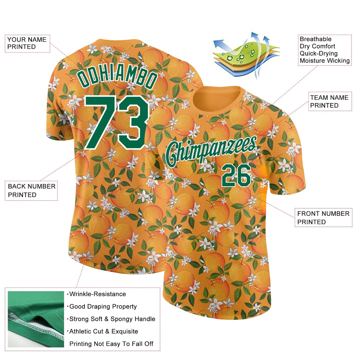 Custom Orange Kelly Green-White 3D Pattern Design Orange Citrus Fruit Performance T-Shirt view 2