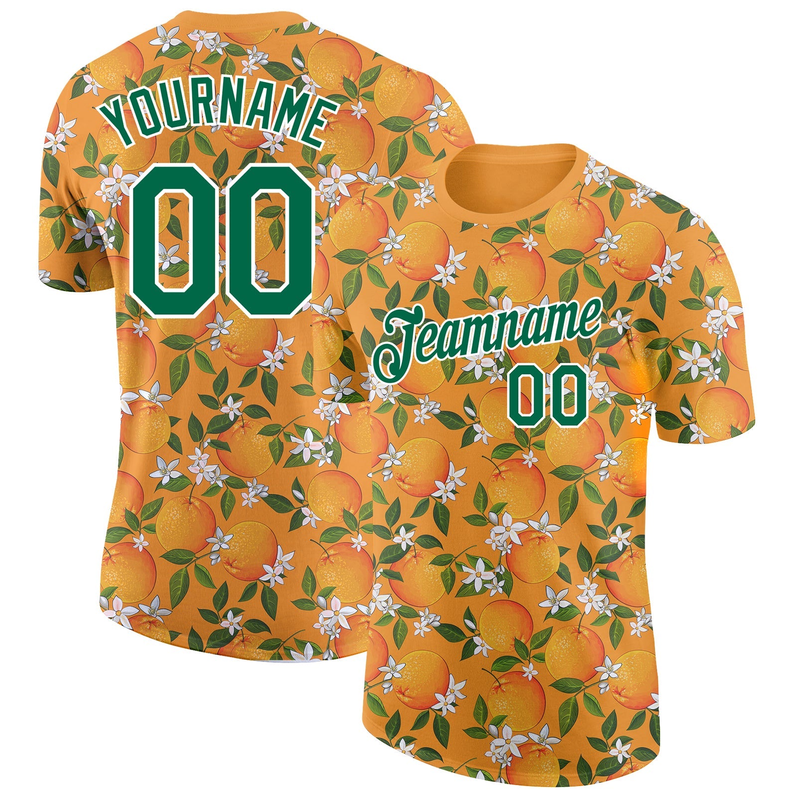 Custom Orange Kelly Green-White 3D Pattern Design Orange Citrus Fruit Performance T-Shirt - Main View