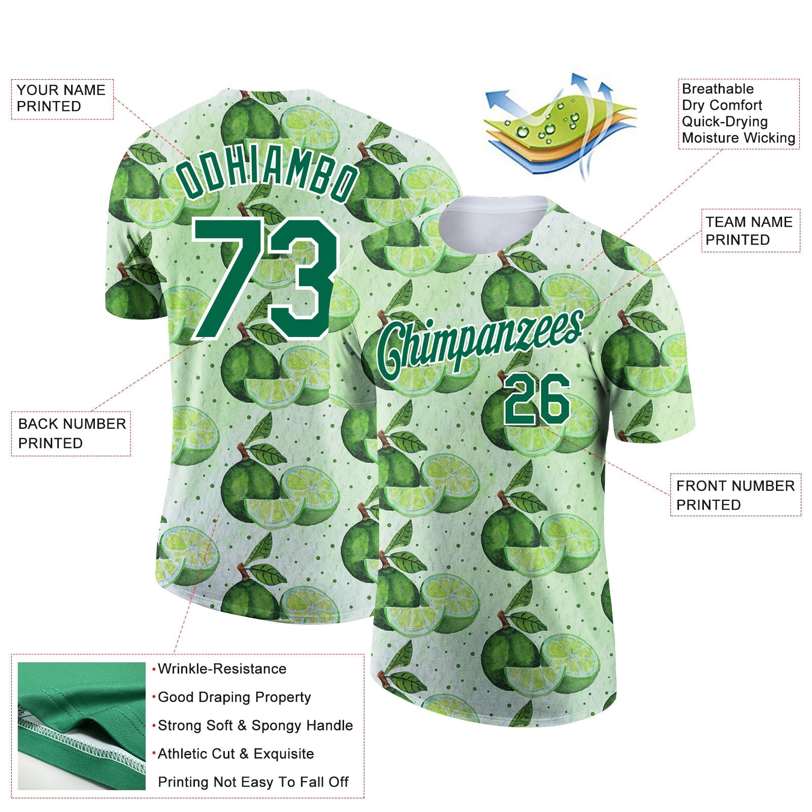 Custom Green Kelly Green-White 3D Pattern Design Lime Performance T-Shirt view 2