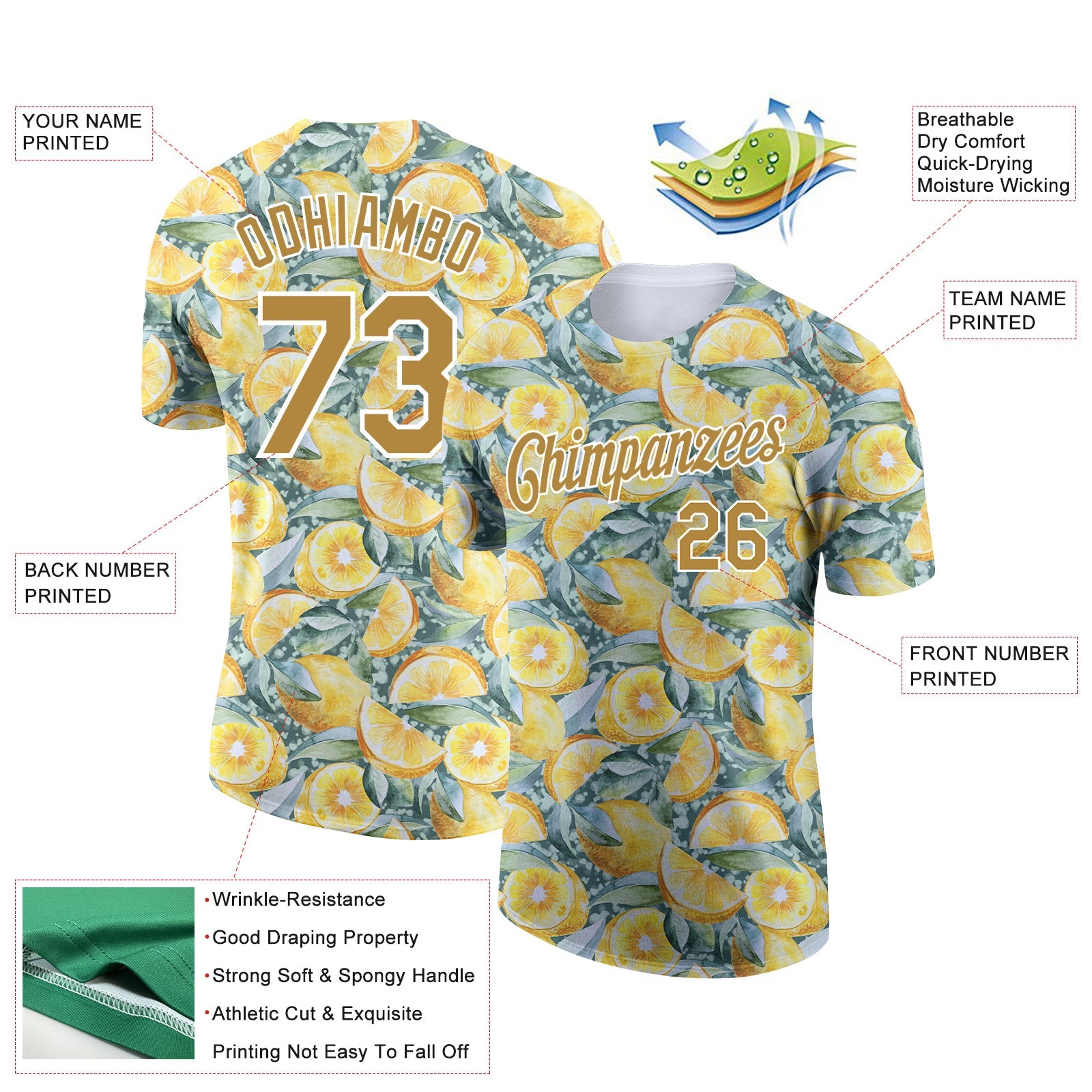 Custom White Old Gold 3D Pattern Design Lemon Performance T-Shirt view 2