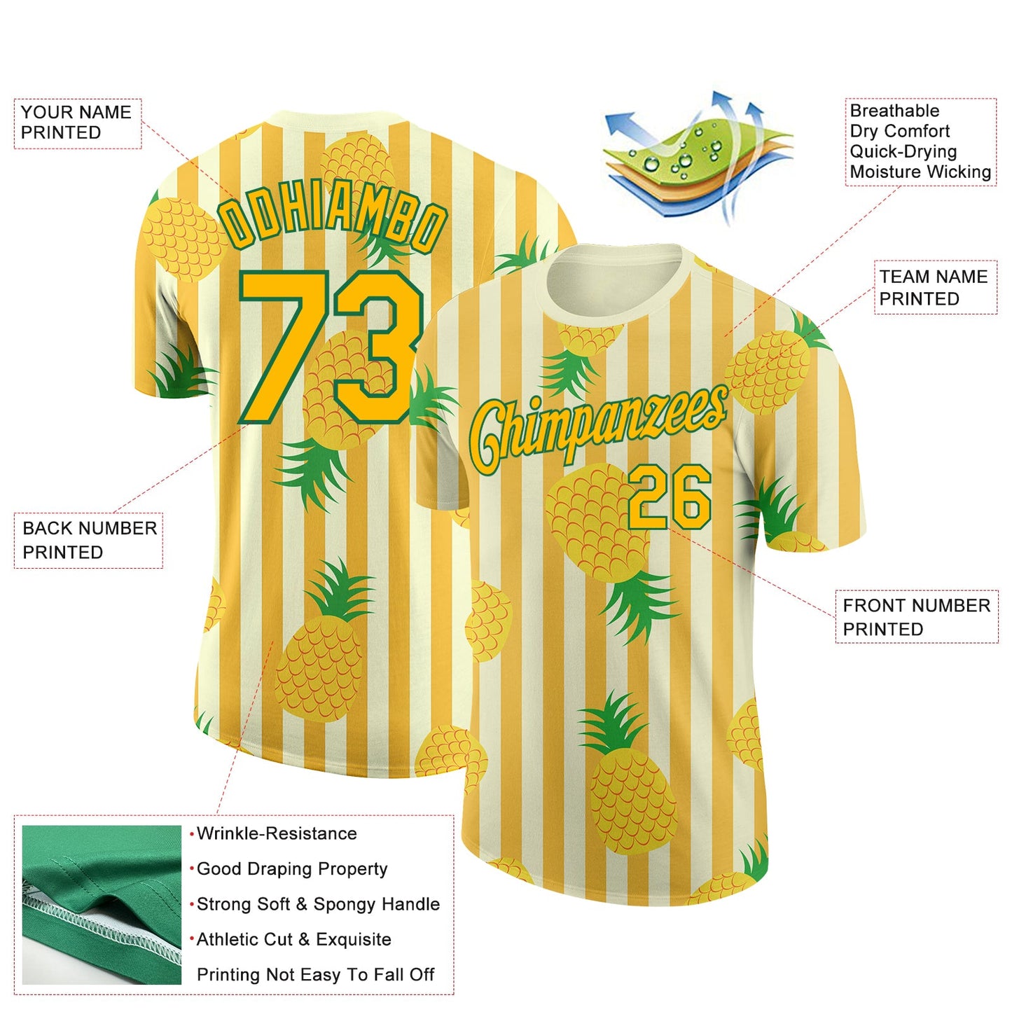 Custom Yellow Kelly Green 3D Pattern Design Hawaii Tropical Pineapple Performance T-Shirt view 2