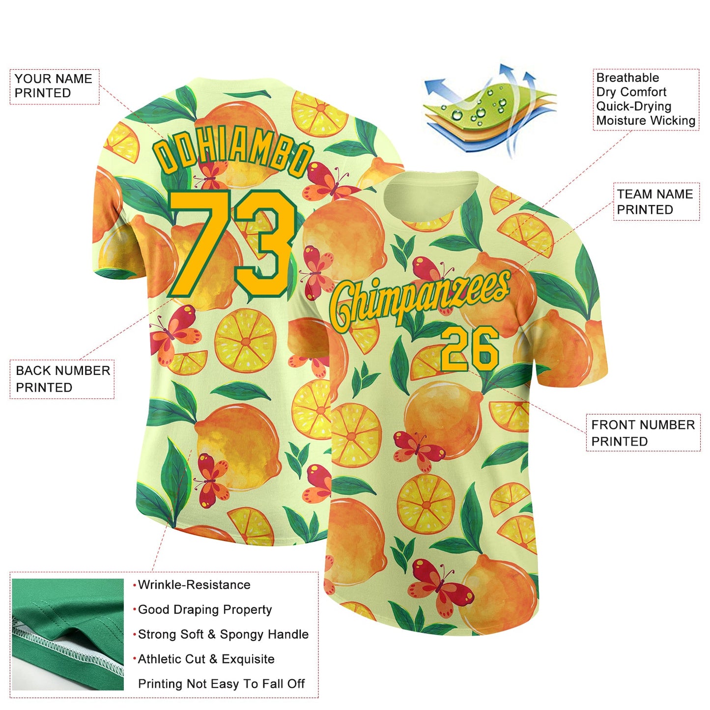 Custom Neon Yellow Yellow-Kelly Green 3D Pattern Design Lemon Performance T-Shirt view 2