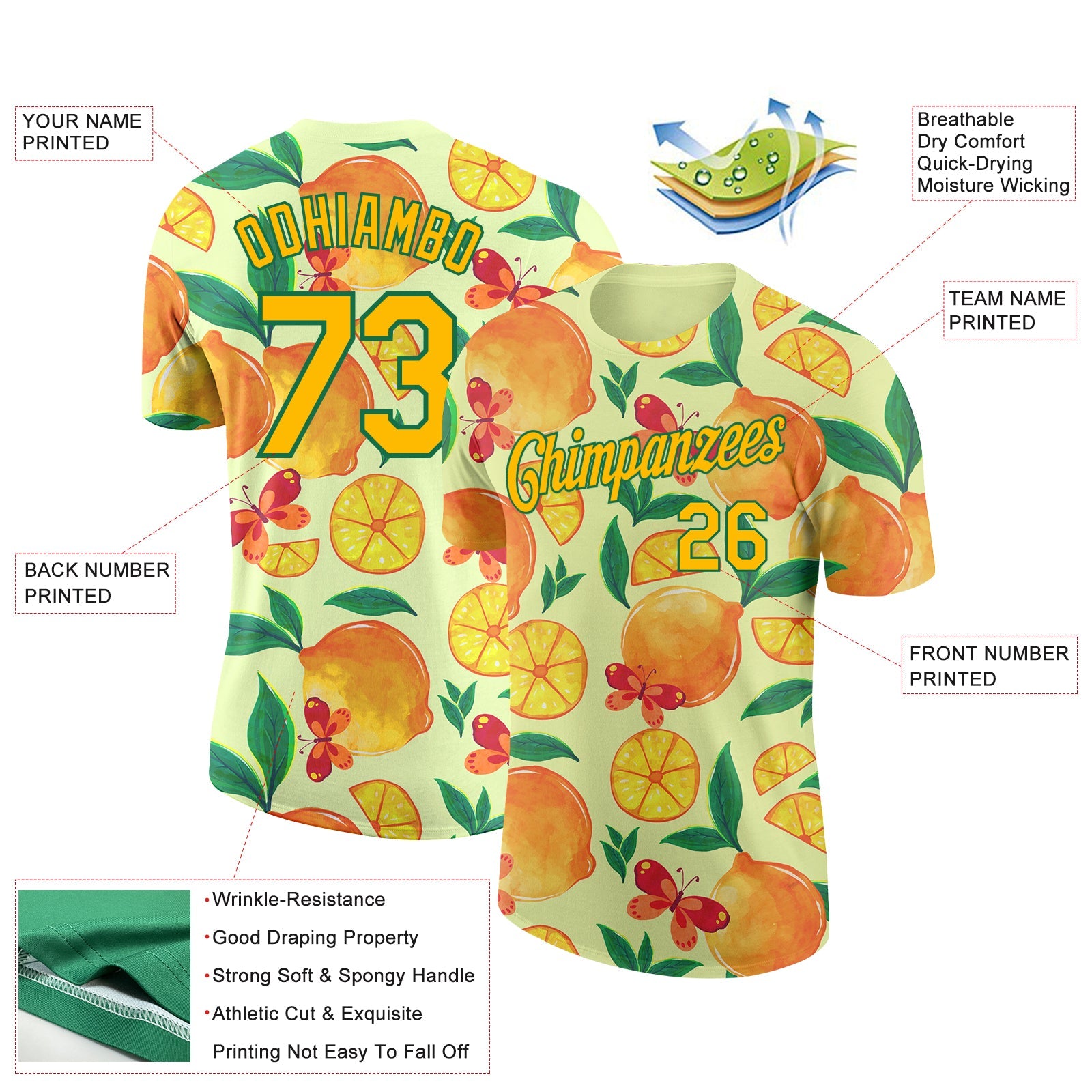 Custom Neon Yellow Yellow-Kelly Green 3D Pattern Design Lemon Performance T-Shirt view 2