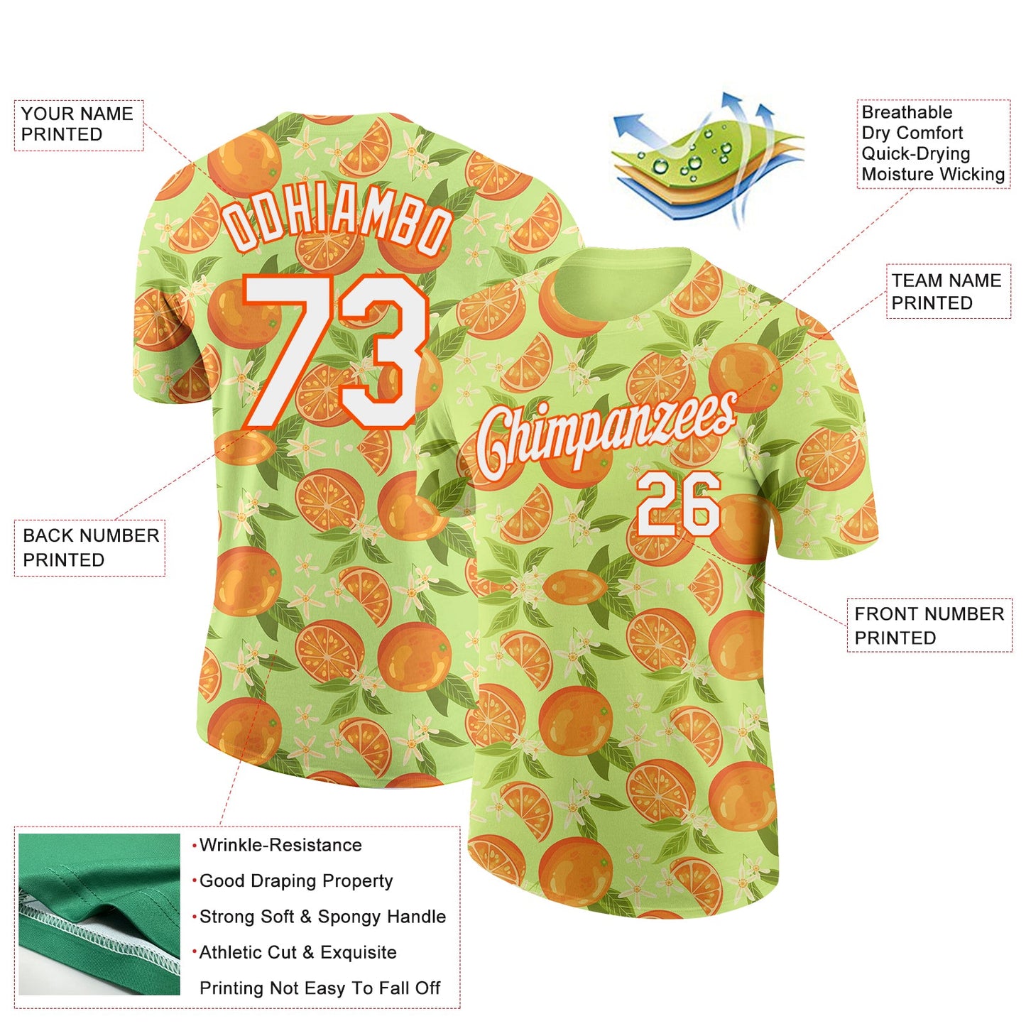 Custom Neon Yellow White-Orange 3D Pattern Design Orange Citrus Fruit Performance T-Shirt view 2