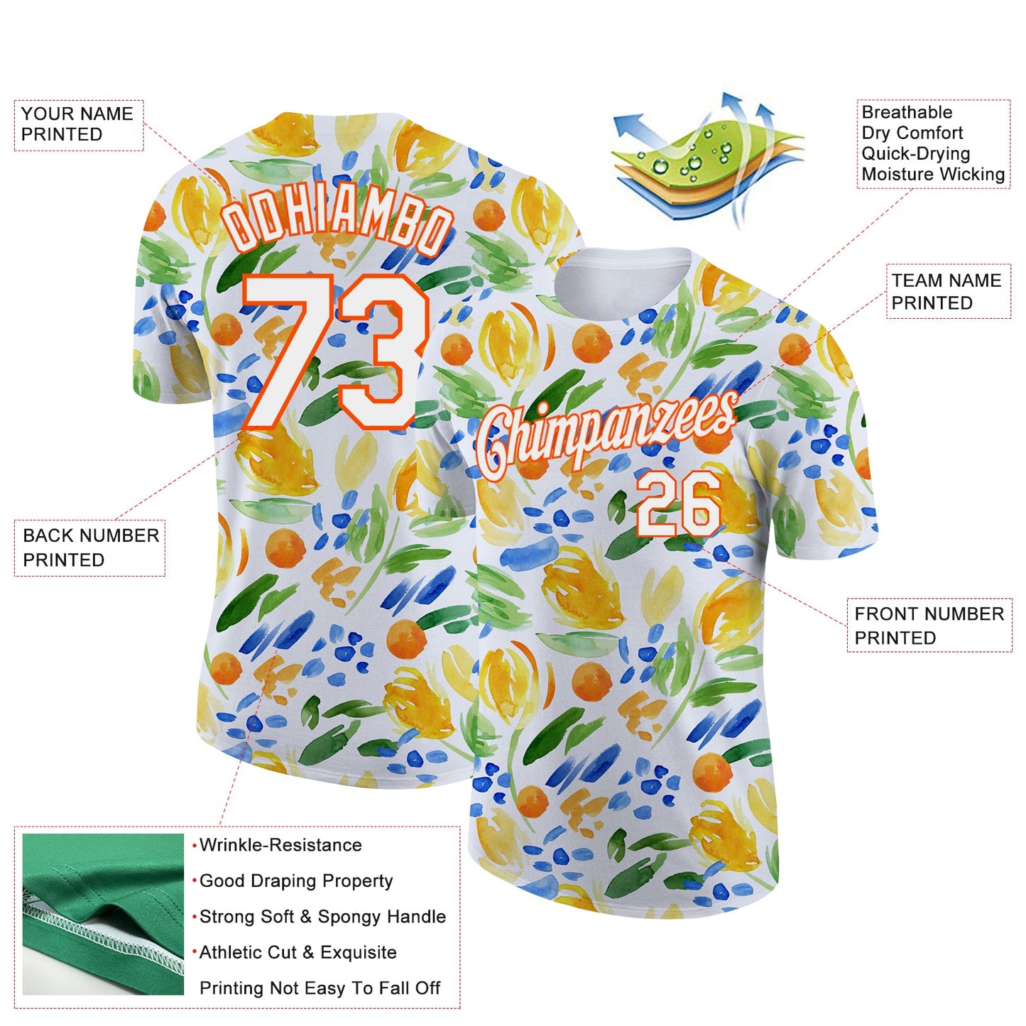 Custom White Orange 3D Pattern Design Abstract Watercolor Flower Performance T-Shirt view 2